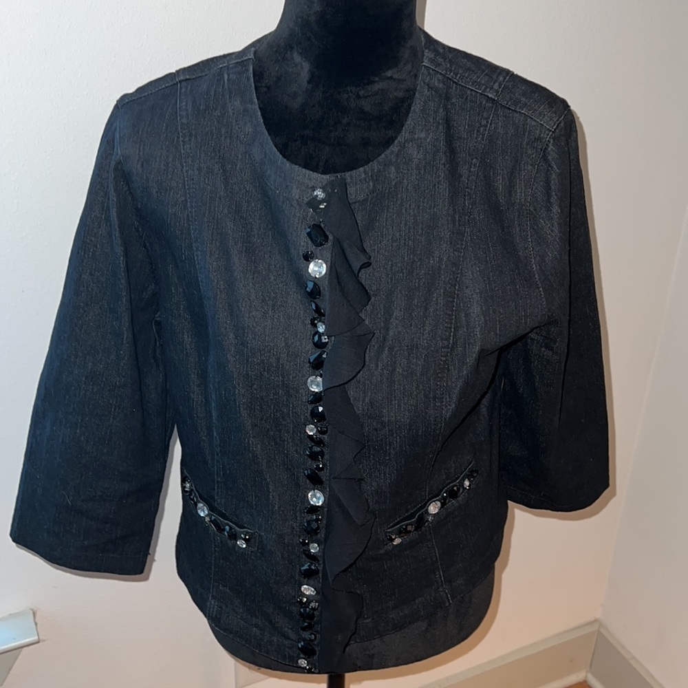 Ruby Rd. Black denim embellished cropped jacket Sz 12